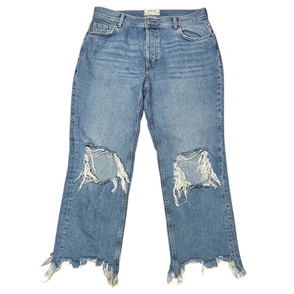 Free People Women Jeans 29 High Rise Wide Leg Blue Distressed Chewed Hem - Picture 3 of 15